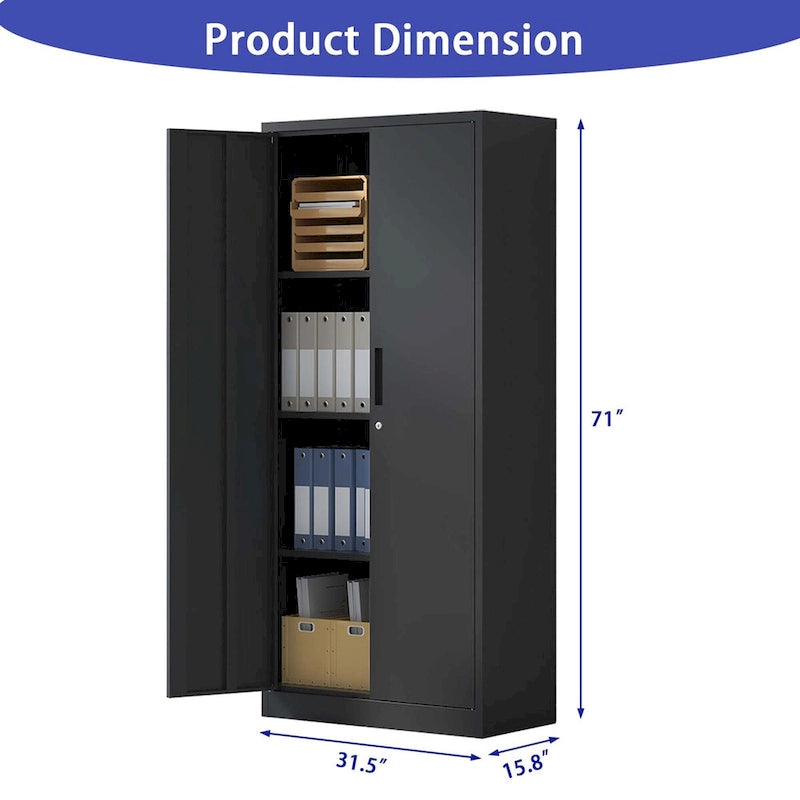 Armoire de rangement de garage en métal 71H, armoire de rangement en acier noir verrouillable avec portes et 3 étagères, armoires hautes pour le rangement de garage