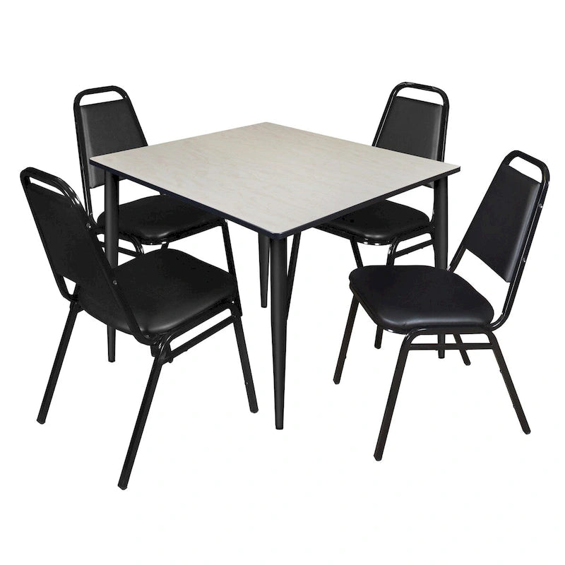 Table de salle de pause carrée Kahlo 48 po - Érable/Noir et 4 chaises empilables de restaurant - Noir