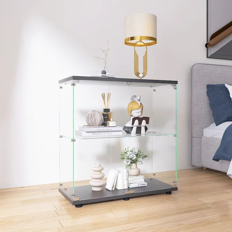 Vitrine en verre à deux portes 2 étagères avec porte