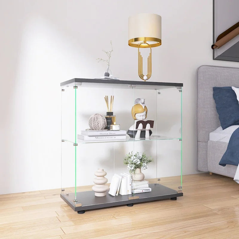 Vitrine en verre à deux portes 2 étagères avec porte