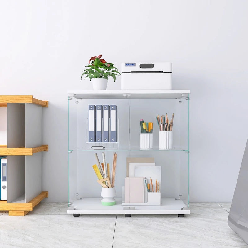Vitrine en verre à deux portes 2 étagères avec porte