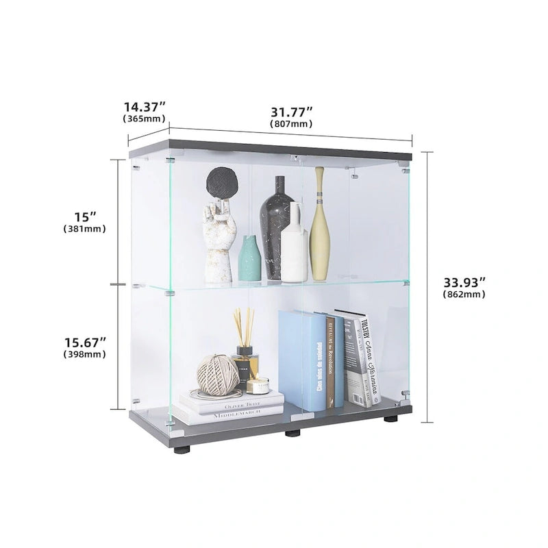 Vitrine en verre à deux portes 2 étagères avec porte