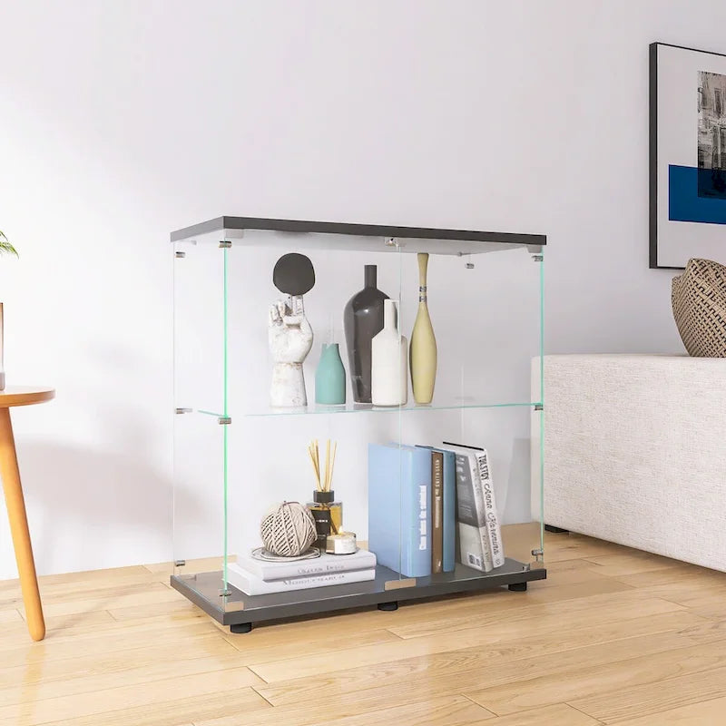 Vitrine en verre à deux portes 2 étagères avec porte