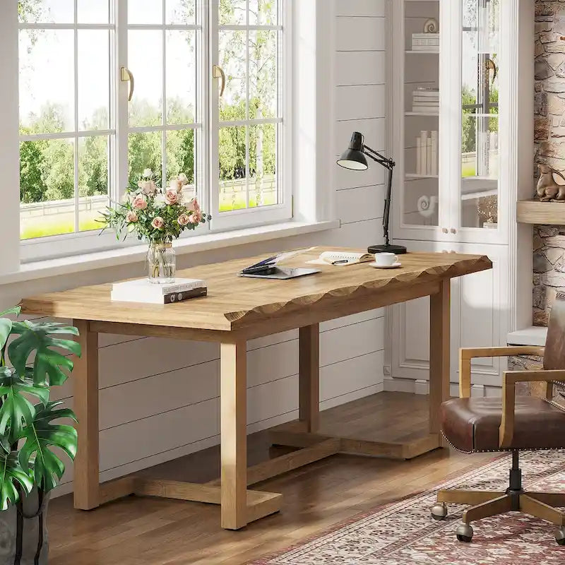 Bureau informatique de 160 cm, Table d'écriture rectangulaire avec pieds en bois massif et plateau épaissi