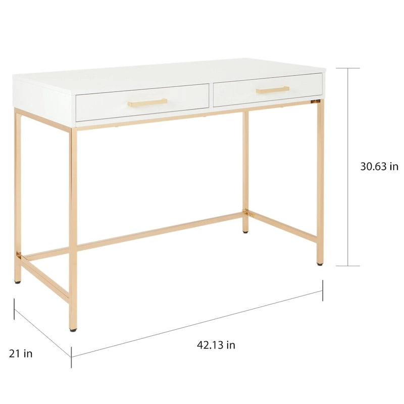 Bureau Alios avec finition blanc brillant et piètement doré