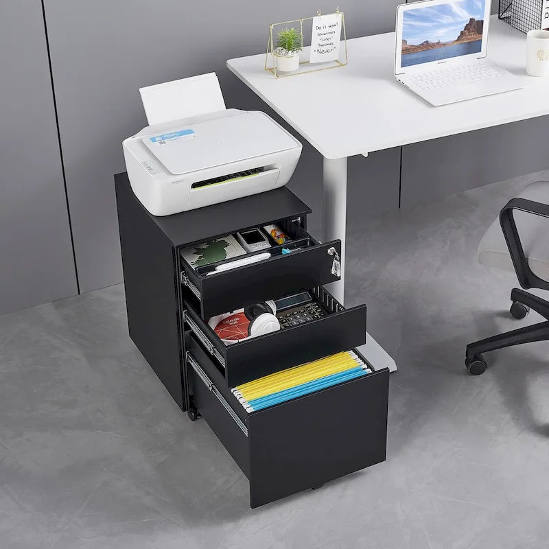Meuble classeur mobile à 3 tiroirs avec serrure, en acier, pour documents de format légal/lettre/A4/F4, entièrement assemblé avec roulettes
