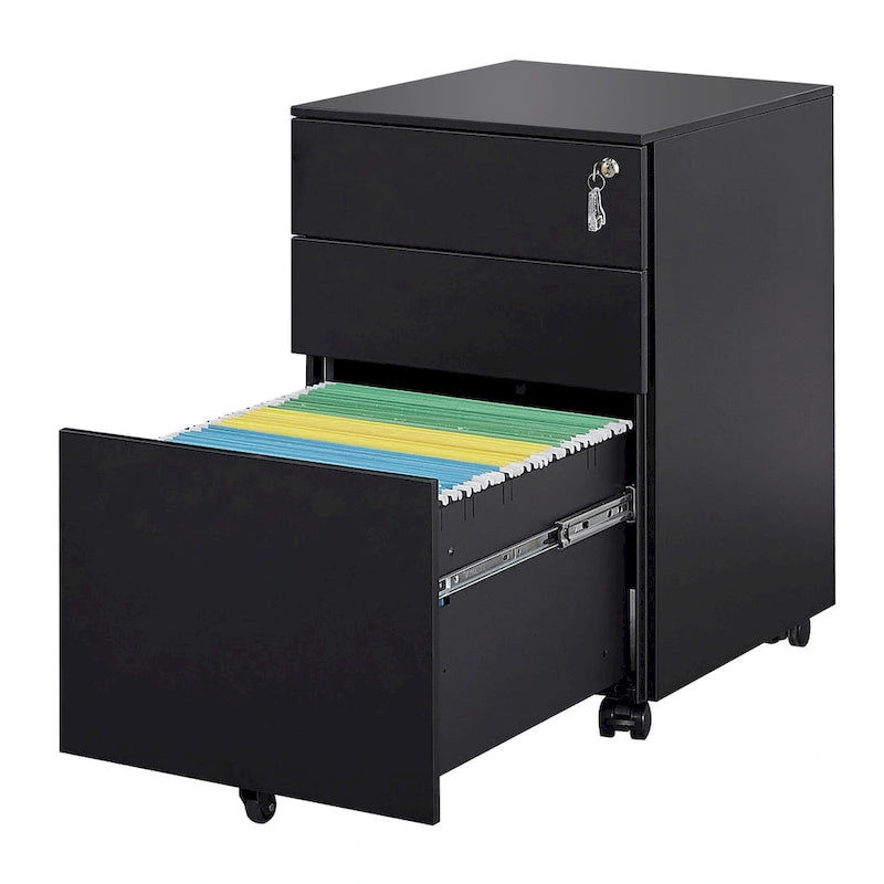 Meuble classeur mobile à 3 tiroirs avec serrure, en acier, pour documents de format légal/lettre/A4/F4, entièrement assemblé avec roulettes