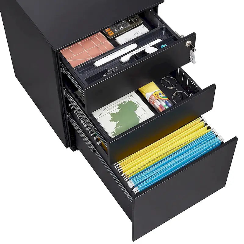 Meuble classeur mobile à 3 tiroirs avec serrure, en acier, pour documents de format légal/lettre/A4/F4, entièrement assemblé avec roulettes