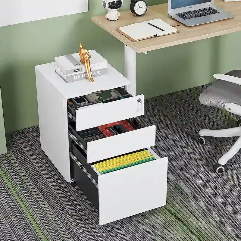 Meuble classeur mobile à 3 tiroirs avec serrure, en acier, pour documents de format légal/lettre/A4/F4, entièrement assemblé avec roulettes