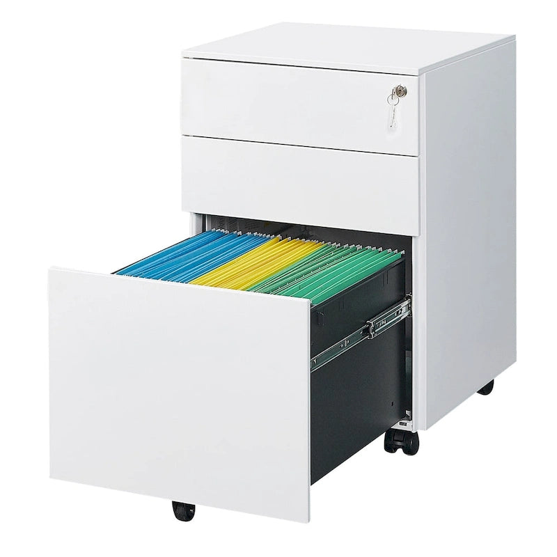 Meuble classeur mobile à 3 tiroirs avec serrure, en acier, pour documents de format légal/lettre/A4/F4, entièrement assemblé avec roulettes
