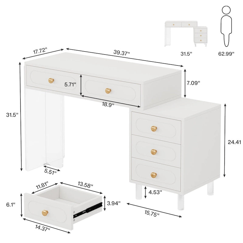 Bureau d'ordinateur moderne à 5 tiroirs avec base en acrylique