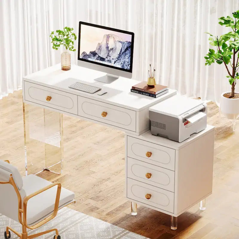 Bureau d'ordinateur moderne à 5 tiroirs avec base en acrylique