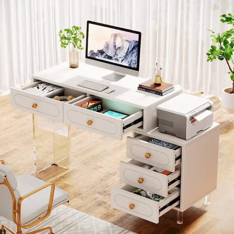 Bureau d'ordinateur moderne à 5 tiroirs avec base en acrylique