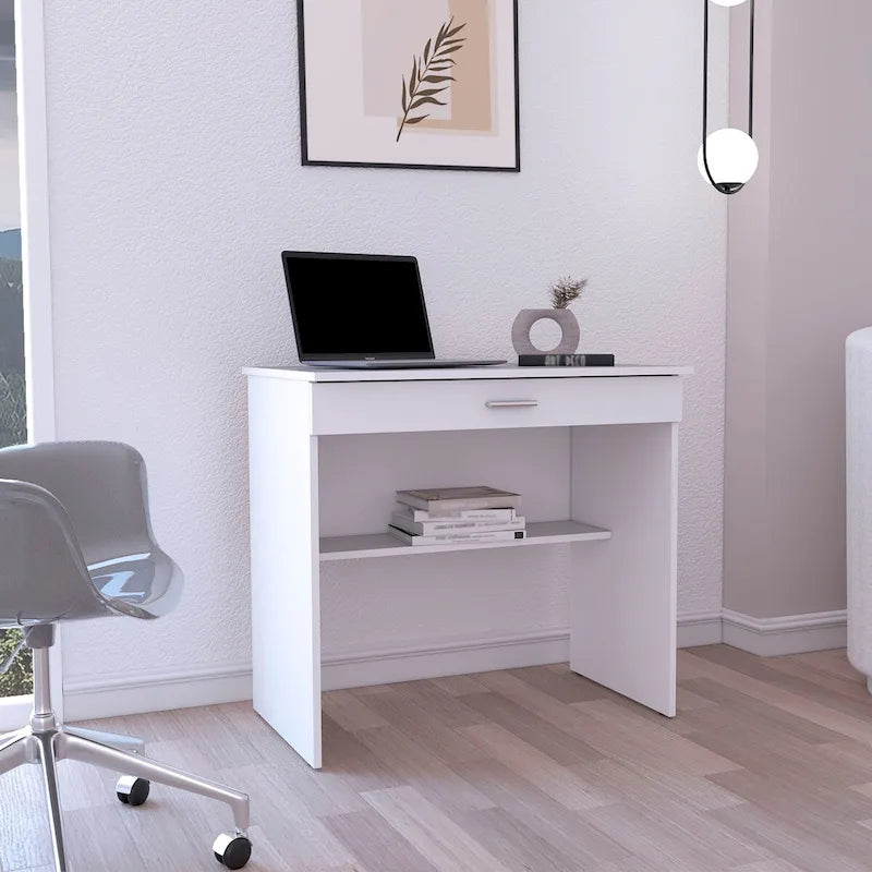 Bureau, poste de travail compact avec tiroir et étagère inférieure