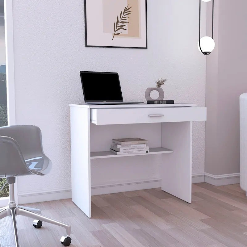 Bureau, poste de travail compact avec tiroir et étagère inférieure