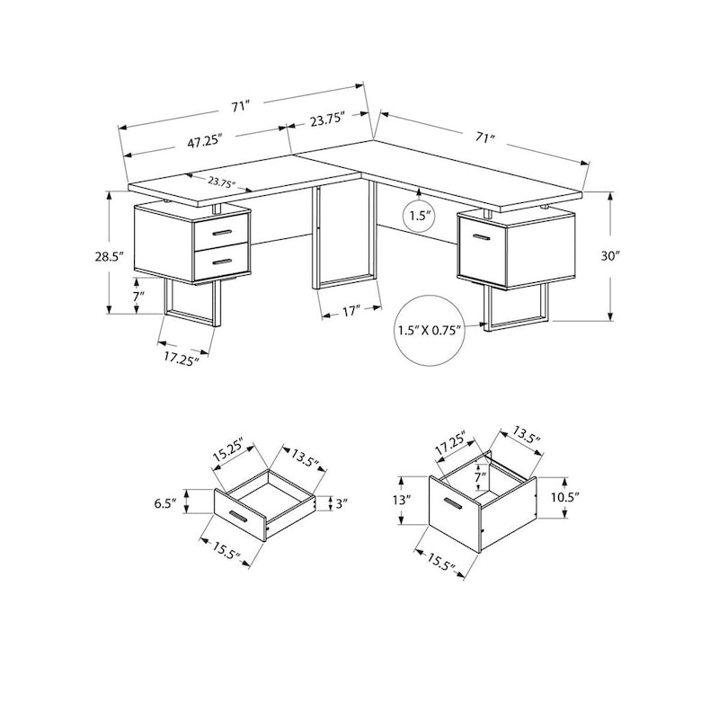 Bureau d'ordinateur d'angle 71 gris avec trois tiroirs