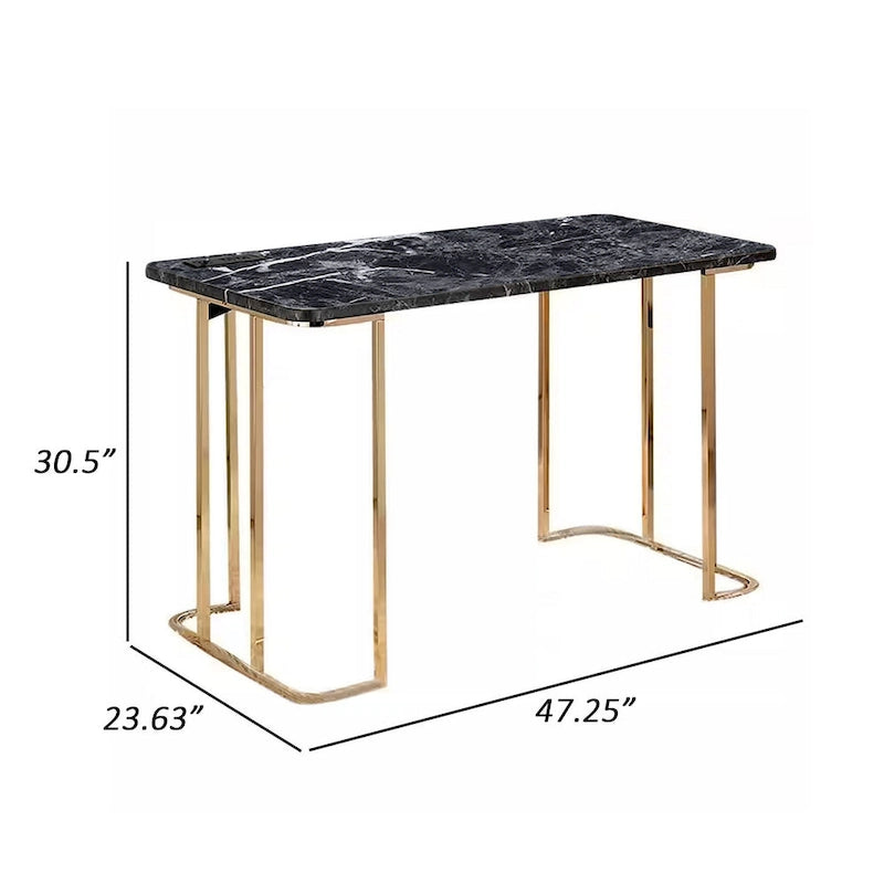 Bureau Jenny 47 pouces, prise de courant USB, pieds en métal doré, marbre noir imitation