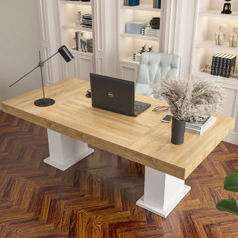 Table de conférence en bois avec base blanche Table de réunion Bureau d'ordinateur
