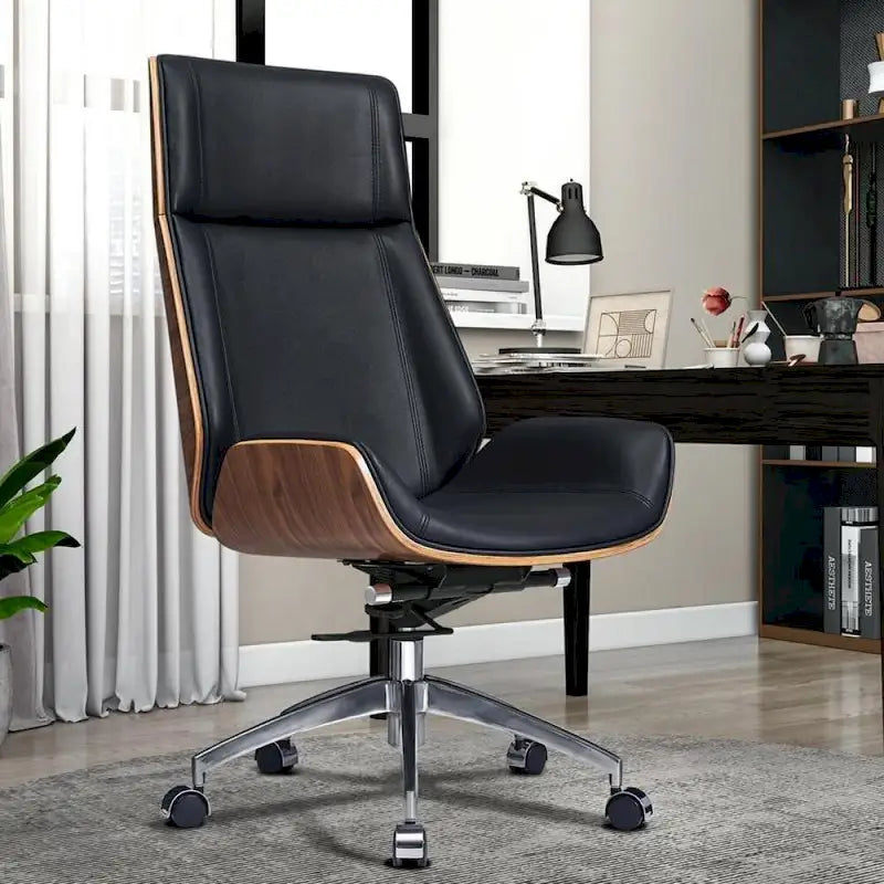 Fauteuil de bureau de direction haut dossier en cuir véritable et bois de noyer massif