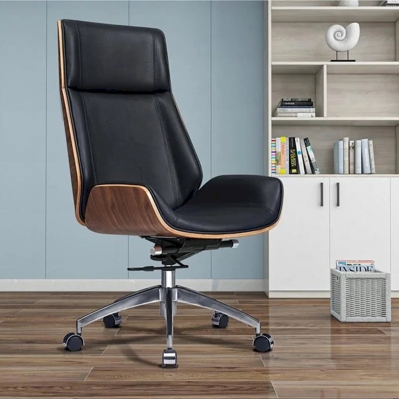 Fauteuil de bureau de direction haut dossier en cuir véritable et bois de noyer massif