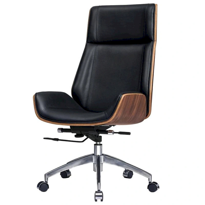 Fauteuil de bureau de direction haut dossier en cuir véritable et bois de noyer massif