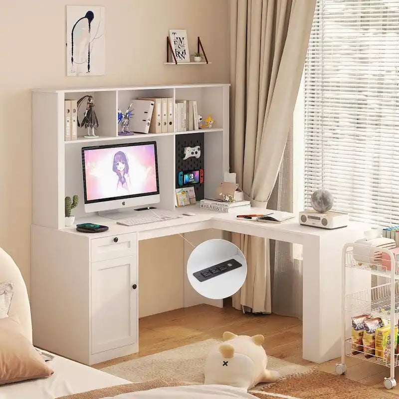 Bureau d'angle avec prise, Bureau d'ordinateur avec tiroirs, étagère et huche, Bureau d'angle moderne, Bureau à domicile