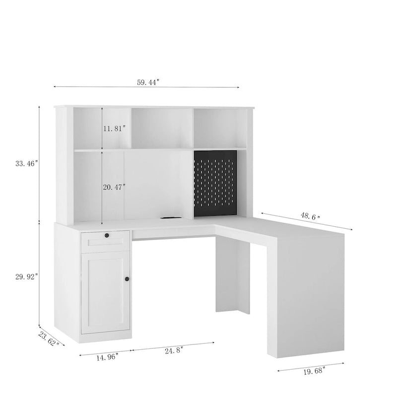 Bureau d'angle avec prise, Bureau d'ordinateur avec tiroirs, étagère et huche, Bureau d'angle moderne, Bureau à domicile
