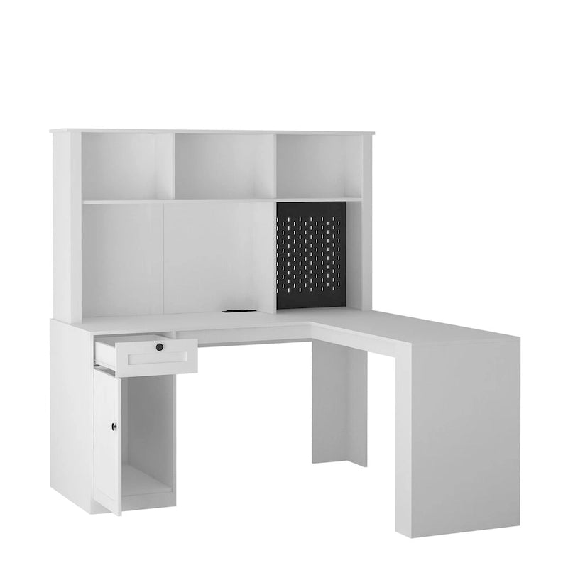Bureau d'angle avec prise, Bureau d'ordinateur avec tiroirs, étagère et huche, Bureau d'angle moderne, Bureau à domicile