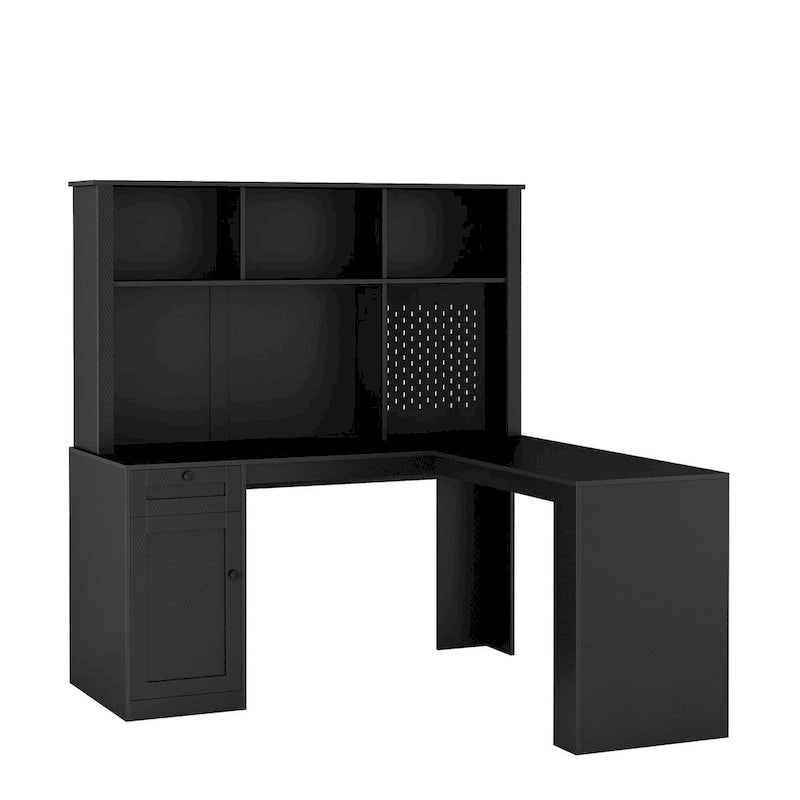 Bureau d'angle avec prise, Bureau d'ordinateur avec tiroirs, étagère et huche, Bureau d'angle moderne, Bureau à domicile
