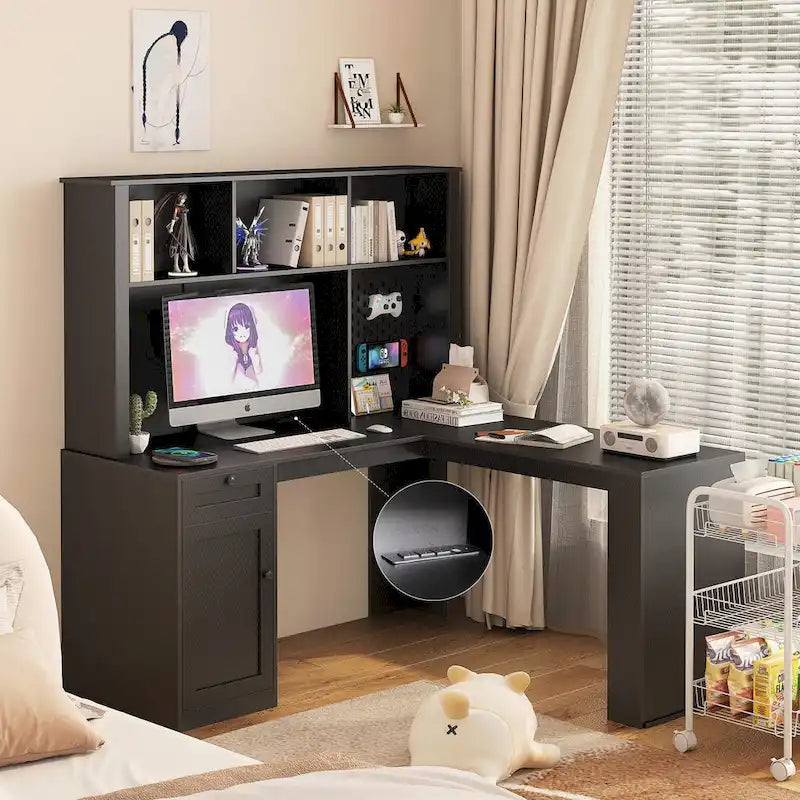 Bureau d'angle avec prise, Bureau d'ordinateur avec tiroirs, étagère et huche, Bureau d'angle moderne, Bureau à domicile