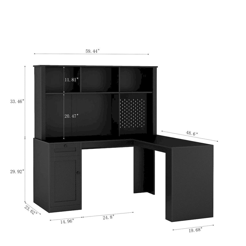 Bureau d'angle avec prise, Bureau d'ordinateur avec tiroirs, étagère et huche, Bureau d'angle moderne, Bureau à domicile