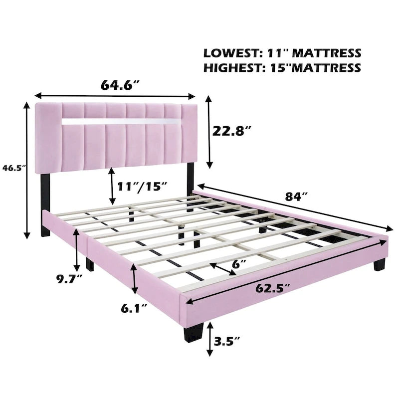 Cadre de lit Queen Size en velours capitonné avec caractéristiques réglables, collection préférée des adolescentes