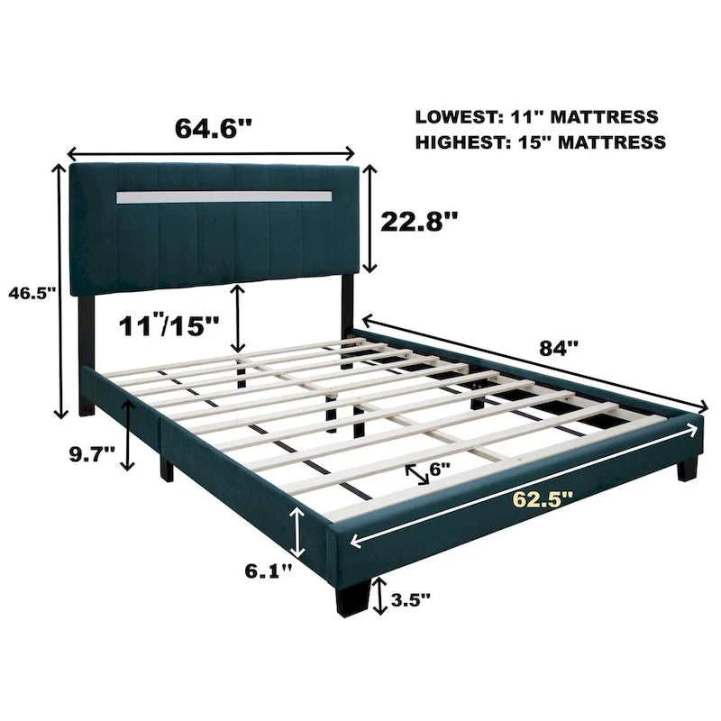 Cadre de lit Queen Size en velours capitonné avec caractéristiques réglables, collection préférée des adolescentes