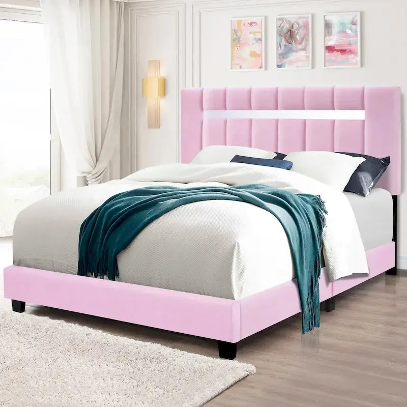 Cadre de lit Queen Size en velours capitonné avec caractéristiques réglables, collection préférée des adolescentes