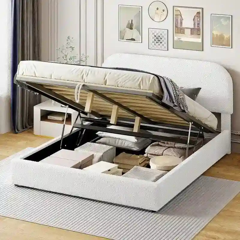 Lit plate-forme capitonné taille Queen en molleton Teddy avec système de rangement hydraulique