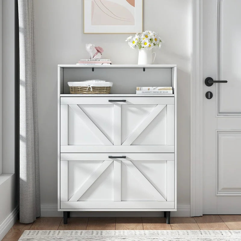 Shoe Storage Cabinet with Barn Door Design,Shoe Organizer with 2 Flip Drawers,Freestanding Narrow Shoe Rack Cabinet