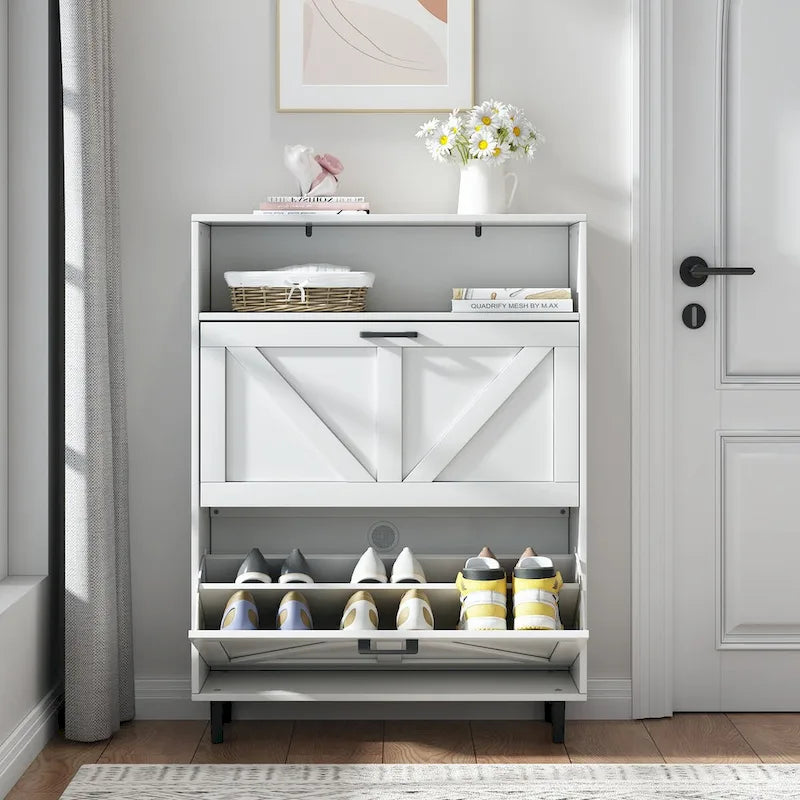 Meuble à chaussures avec porte coulissante type "grange", Organiseur de chaussures avec 2 tiroirs basculants, Meuble à chaussures étroit autoportant