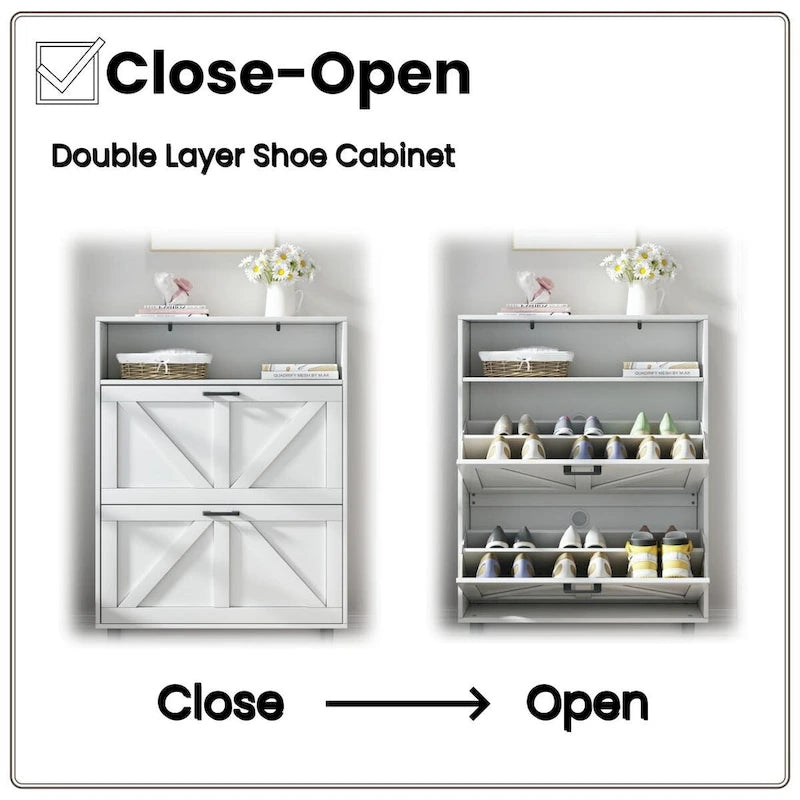 Meuble à chaussures avec porte coulissante type "grange", Organiseur de chaussures avec 2 tiroirs basculants, Meuble à chaussures étroit autoportant