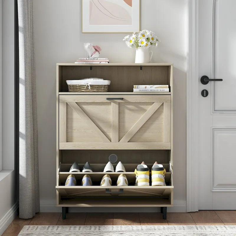 Meuble à chaussures avec porte coulissante type "grange", Organiseur de chaussures avec 2 tiroirs basculants, Meuble à chaussures étroit autoportant