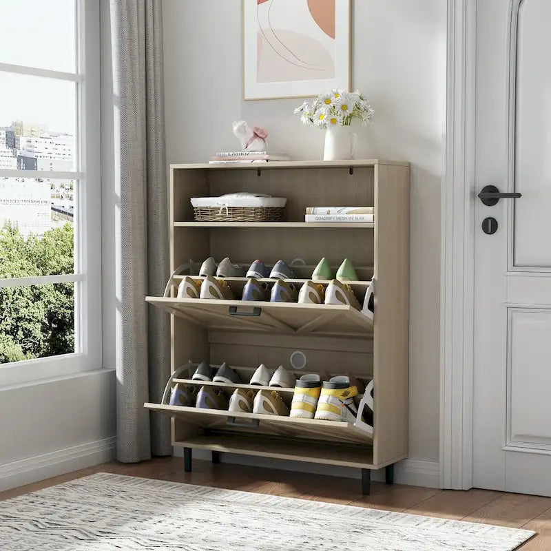 Meuble à chaussures avec porte coulissante type "grange", Organiseur de chaussures avec 2 tiroirs basculants, Meuble à chaussures étroit autoportant