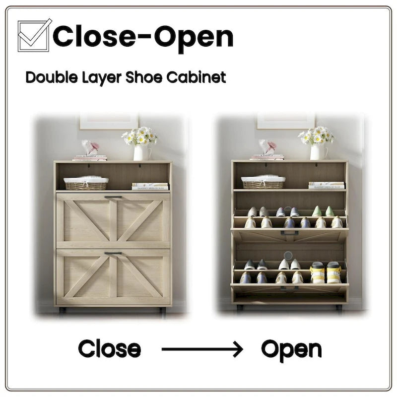 Meuble à chaussures avec porte coulissante type "grange", Organiseur de chaussures avec 2 tiroirs basculants, Meuble à chaussures étroit autoportant