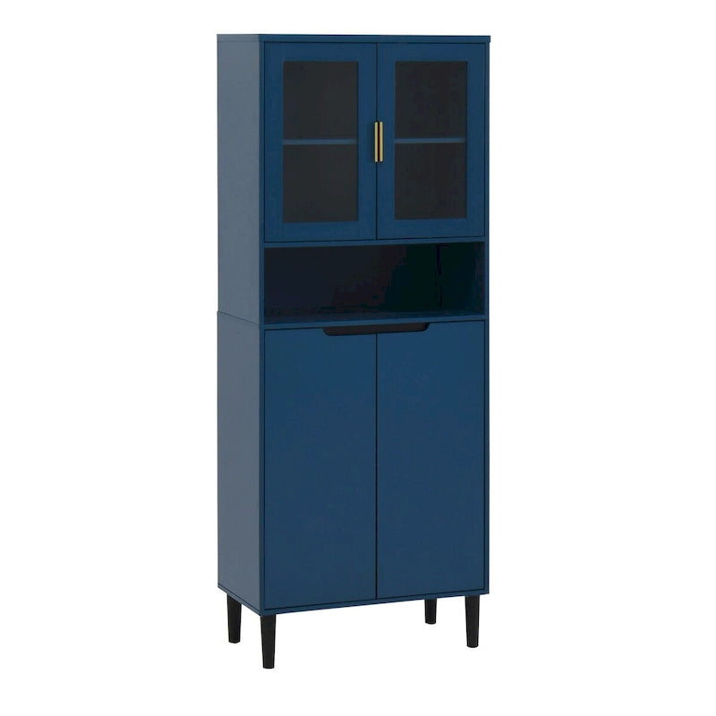 Meuble de rangement haut avec 2 portes vitrées et 2 portes, armoire moderne autoportante pour salle de bain, salle à manger ou salon
