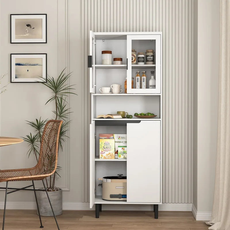 Meuble de rangement haut avec 2 portes vitrées et 2 portes, armoire moderne autoportante pour salle de bain, salle à manger ou salon