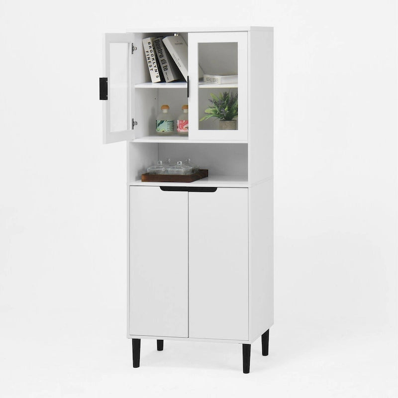 Meuble de rangement haut avec 2 portes vitrées et 2 portes, armoire moderne autoportante pour salle de bain, salle à manger ou salon