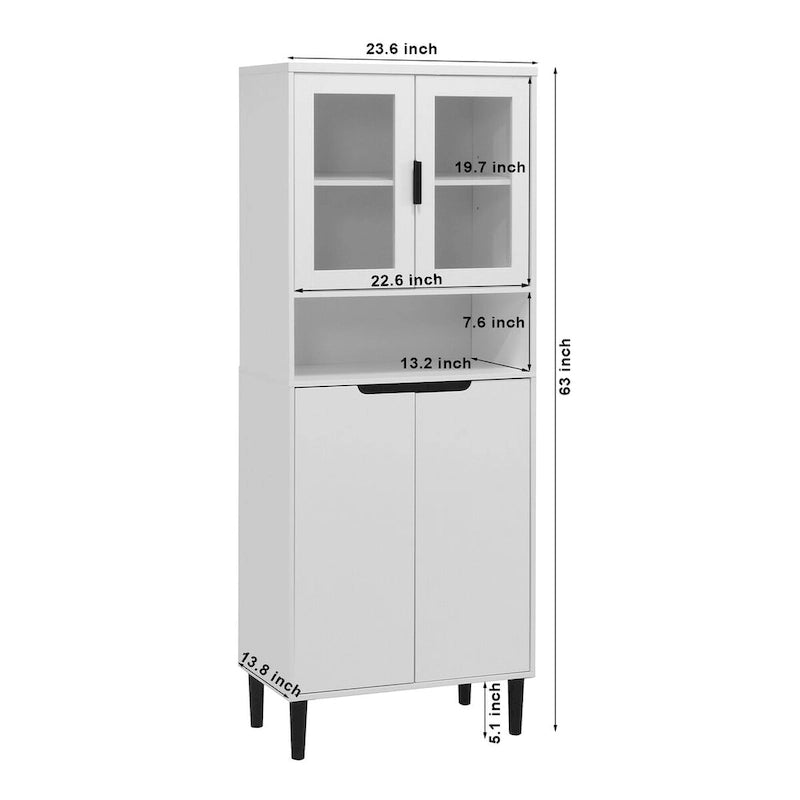 Meuble de rangement haut avec 2 portes vitrées et 2 portes, armoire moderne autoportante pour salle de bain, salle à manger ou salon