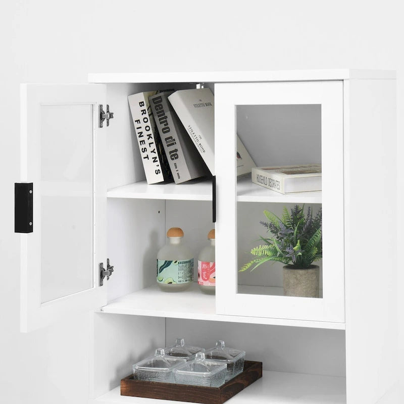 Meuble de rangement haut avec 2 portes vitrées et 2 portes, armoire moderne autoportante pour salle de bain, salle à manger ou salon