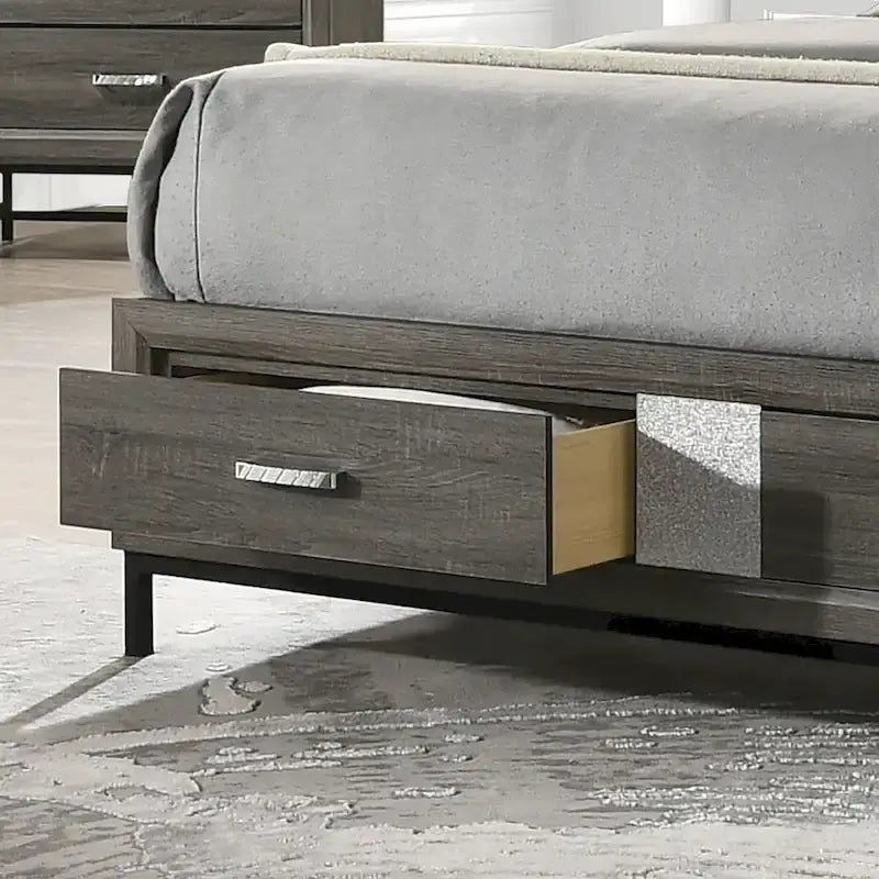 Lit plateforme moderne gris avec rangement Heinisk de Furniture of America, avec tête et pied de lit à motifs chevrons et tiroirs