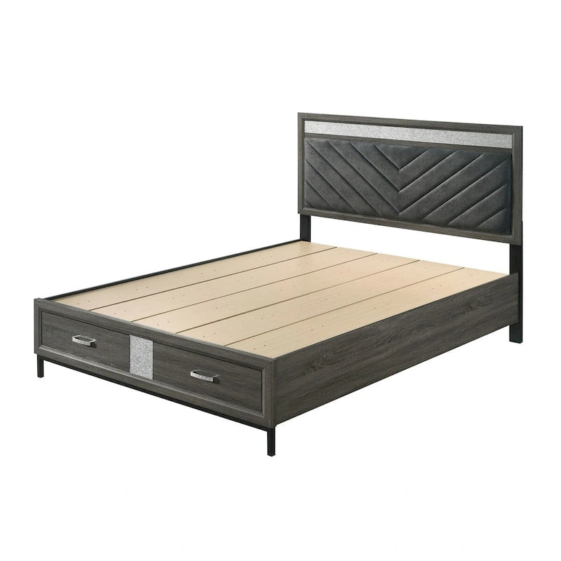 Lit plateforme moderne gris avec rangement Heinisk de Furniture of America, avec tête et pied de lit à motifs chevrons et tiroirs