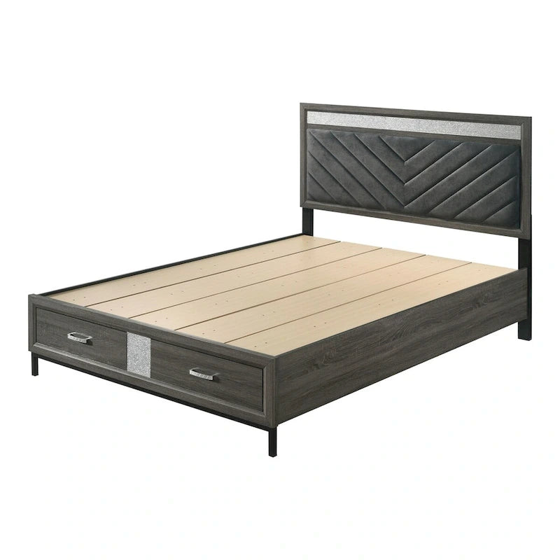 Lit plateforme moderne gris avec rangement Heinisk de Furniture of America, avec tête et pied de lit à motifs chevrons et tiroirs