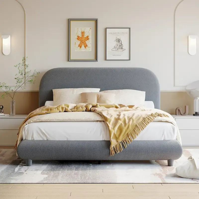 Lit plateforme capitonné pleine taille en tissu Teddy Fleece avec tissu épais